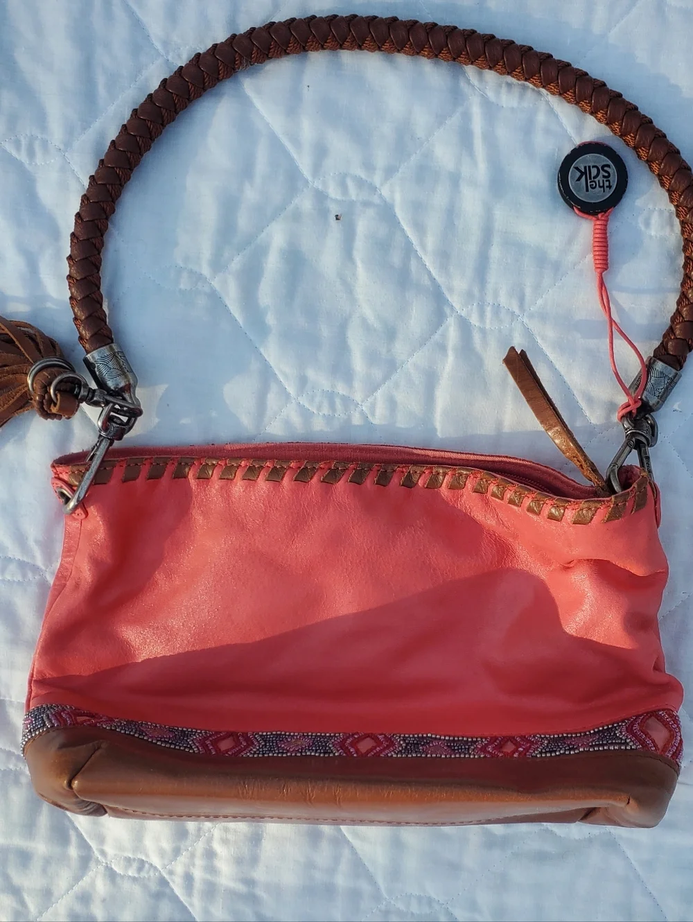 The Sak Coral and Brown Women's Leather Bag with Beaded Accent - Picture 2 of 10